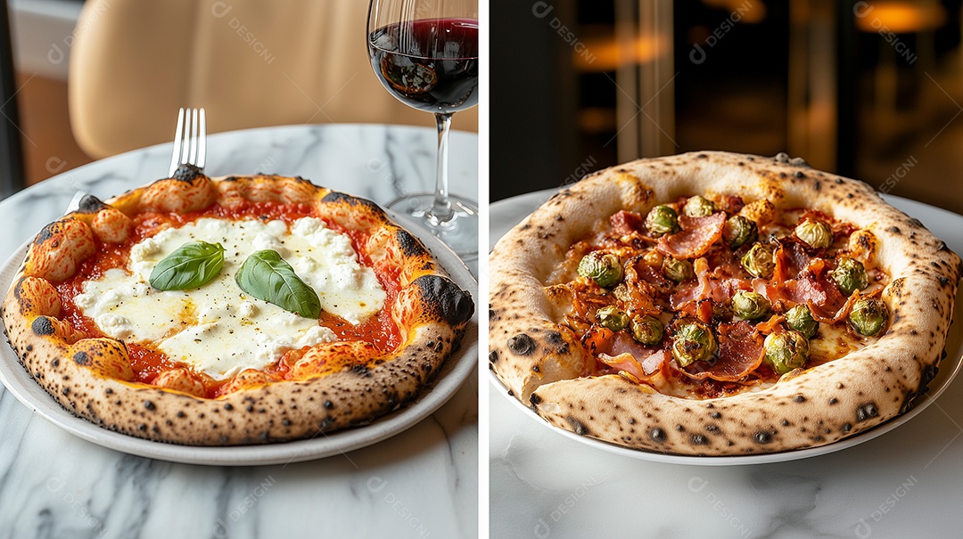 Delíciosas pizzas quatro queijo sobre mesas de restaurante