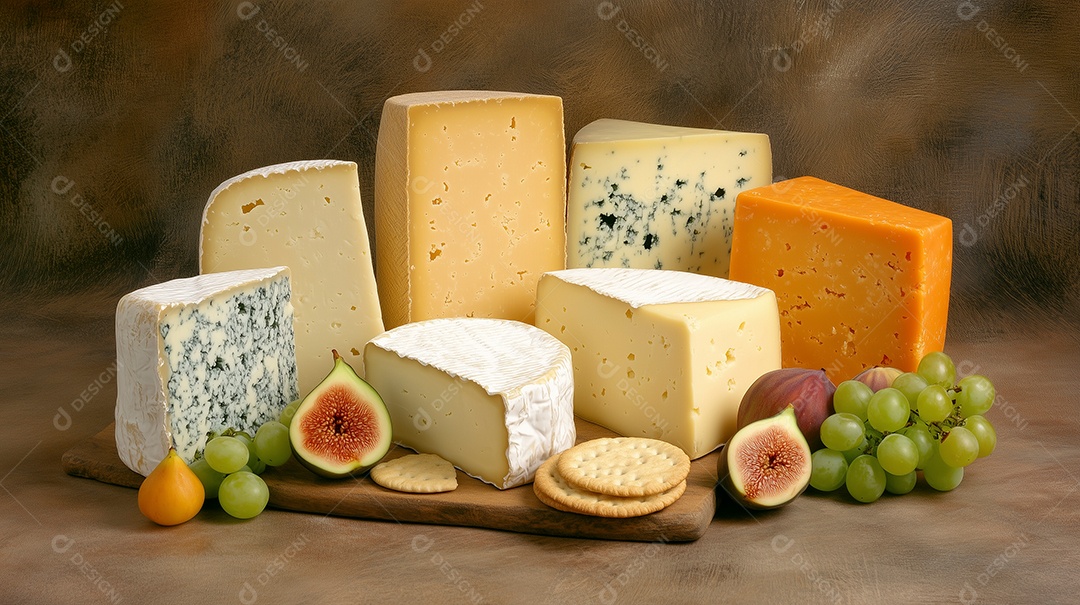 Um círculo de diferentes tipos de queijos numa mesa