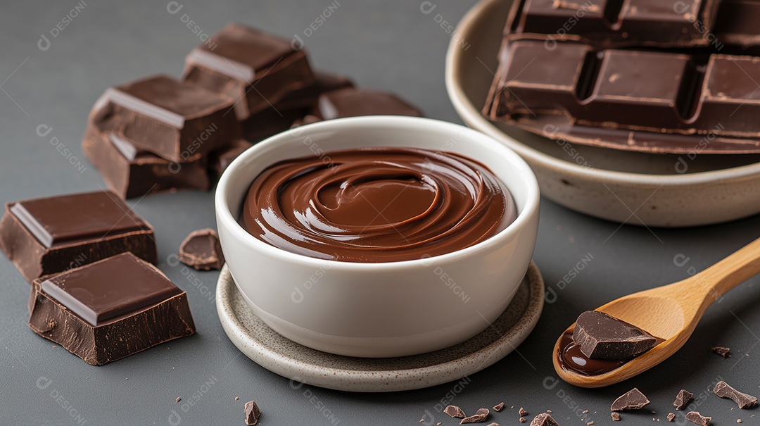 Tigela com chocolate derretido e barras picadas sobre fundo isolado