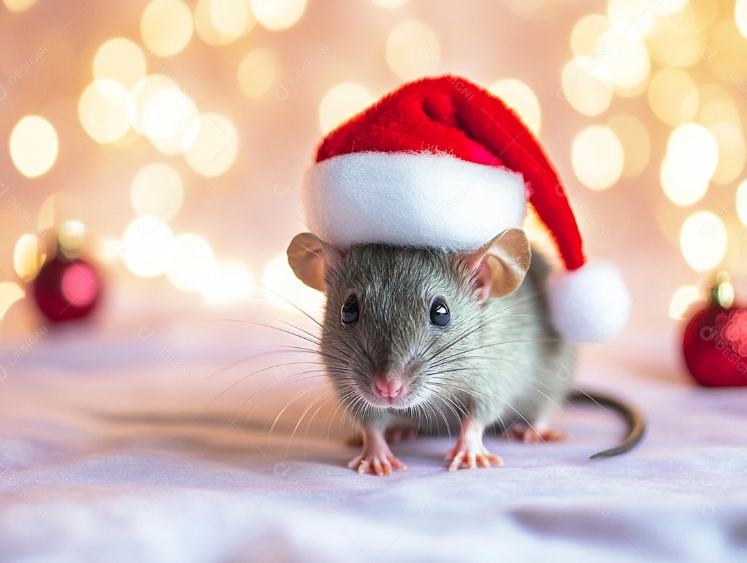 Lindo ratinho com touca do papail noel sobre fundo brilhante isolado