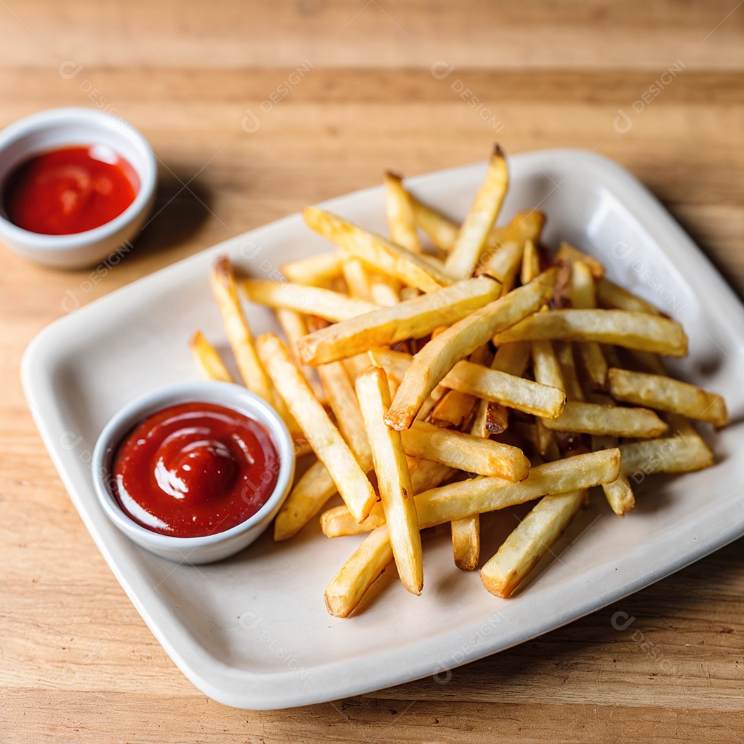 Batatas fritas em um saco de papel com molhos sobre mesa de madeira