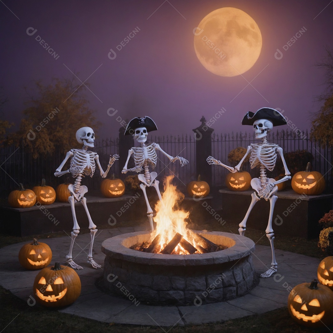 Esqueletos dançando ao redor de fogueira em noite de lua cheia