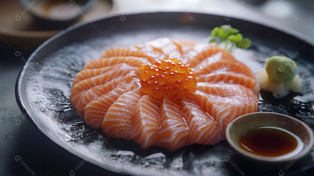 Delícioso filé de atum sobre forma redonda sobre fundo desfocado