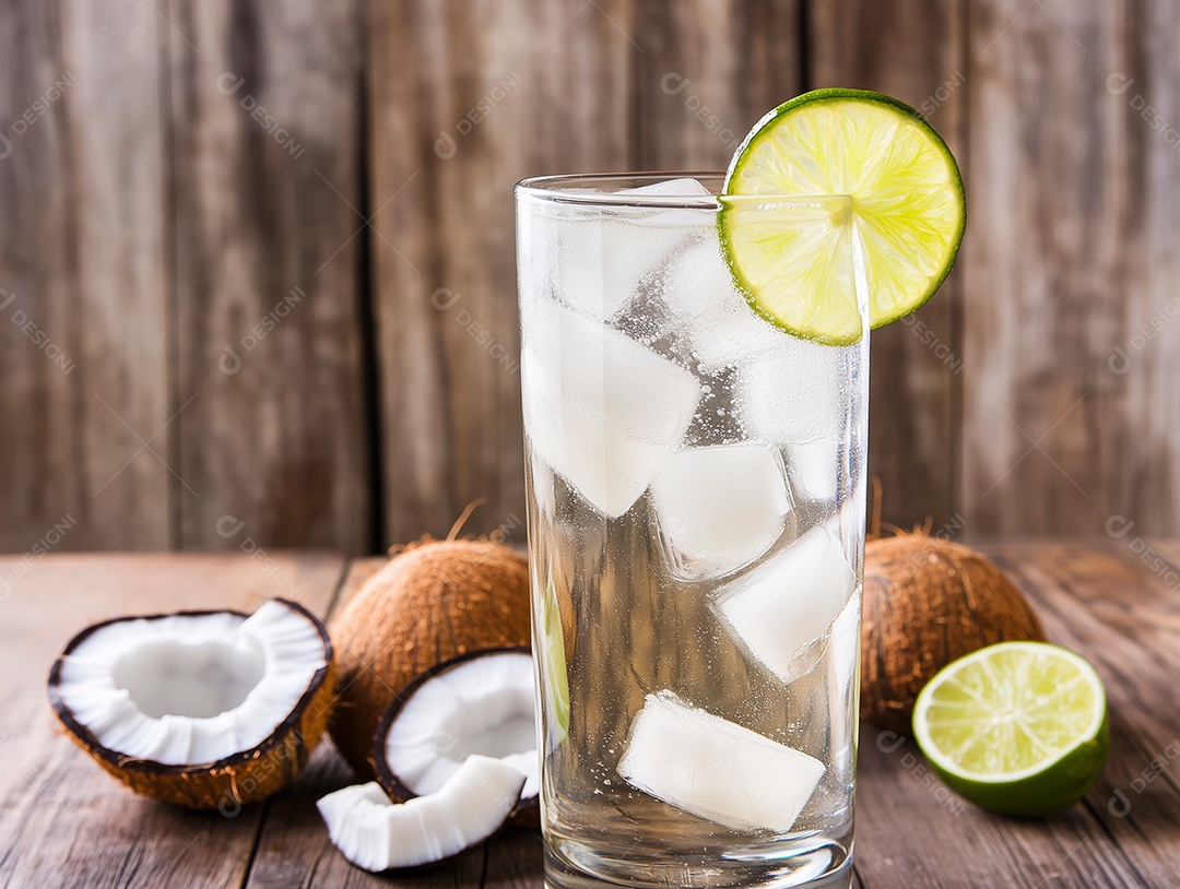 Saborosa água de coco com gelo sobre copo com rodelas de limão sobre mesa de madeira