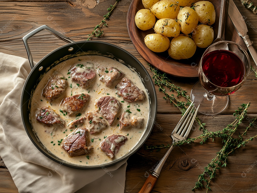 Medalhões de carne de porco com molho de panela sobre mesa de madeira