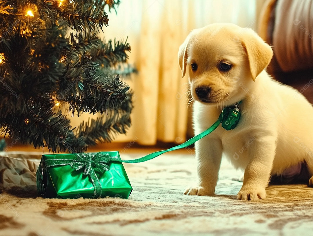 Lindo cachorro fofo amarrado em presente de natal sobre decoração de árvore de natal
