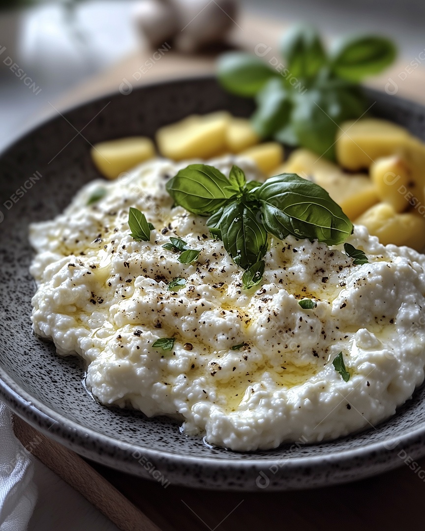 Delícioso queijo coalho sobre frigideira com allho torrado sobre fundo desfocado