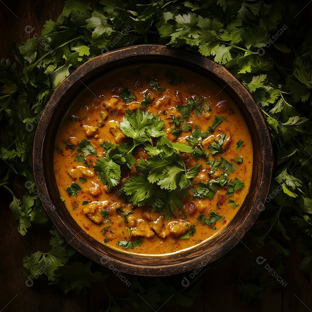 Delíciosa sopa de carne com salsa sobre vista ampla isolada
