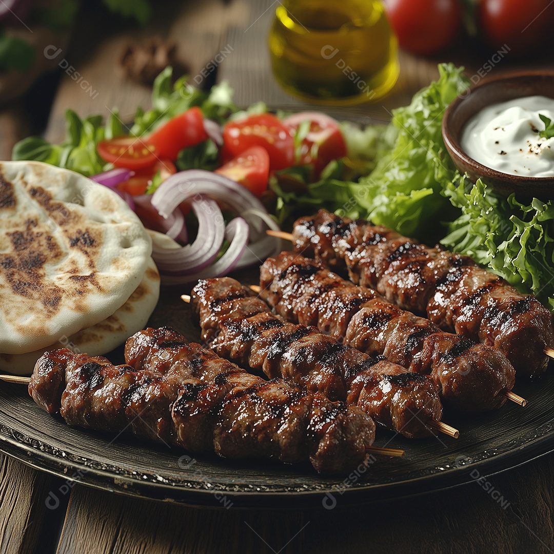 Delíciosos espetinhos de carne com acompanhamentos sobre mesa de madeira