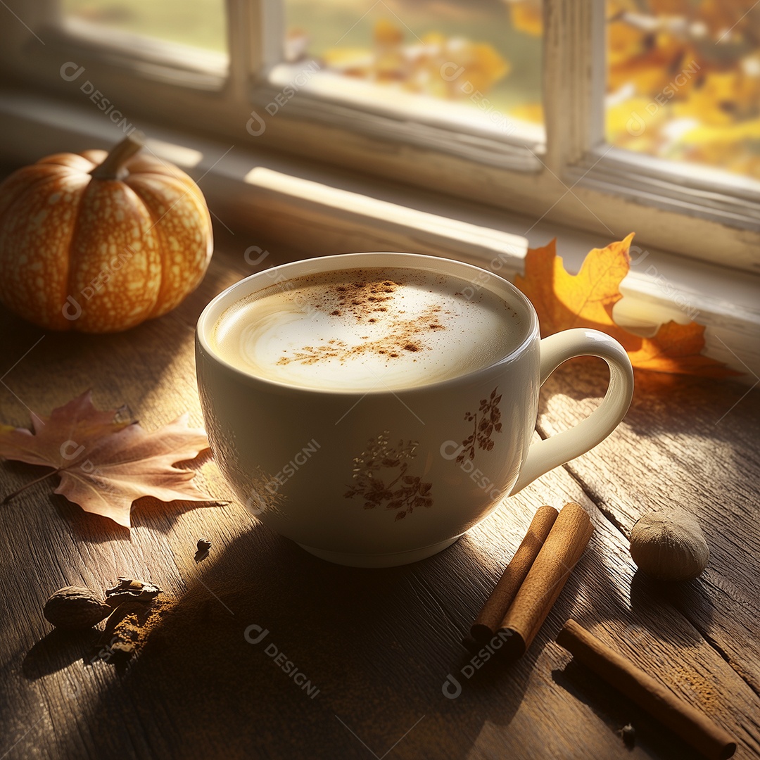 Xícara com café quente cappuccino outono tempo amarela folhas castanhas abóbora no canto sobre fundo de uma janela isolada