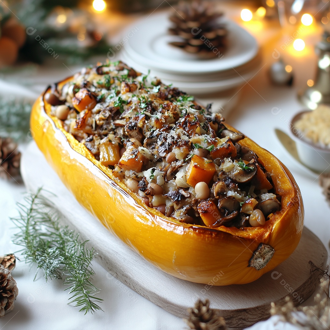 Abóbora recheada com carne picada legumes e erva sobre mesa de seia de natal