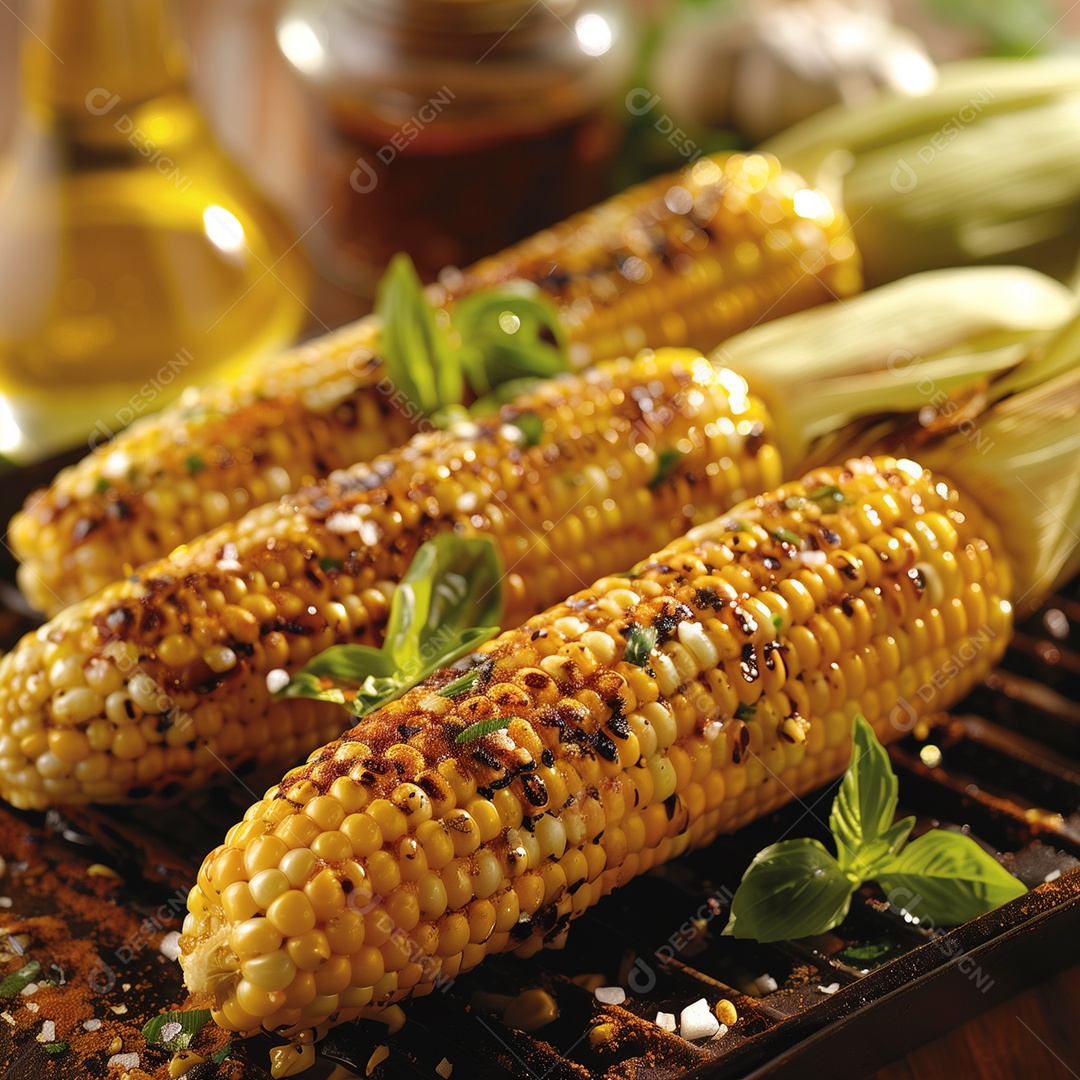 Saborosos milhos assados sobre tábua de madeira
