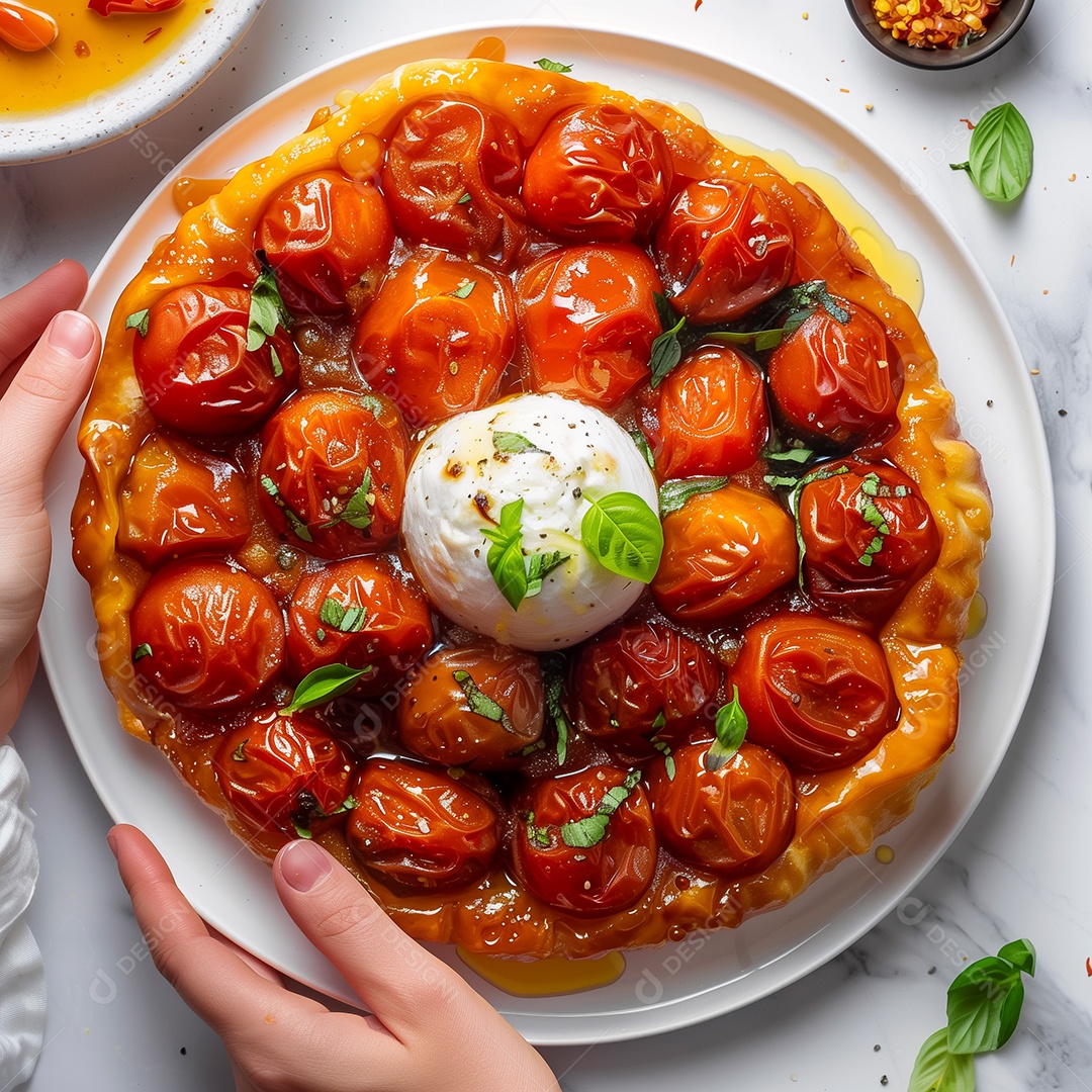 Linda torta de tomate com queijo coalho sobre visão ampla