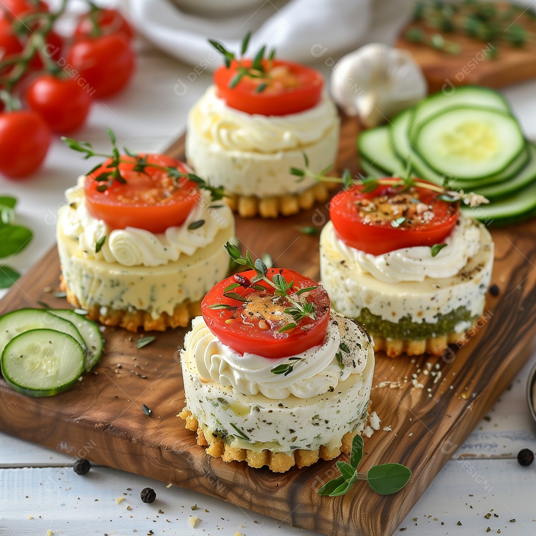 Canapé com pão branco pepino queijo feta e tomate cereja em uma mesa de madeira