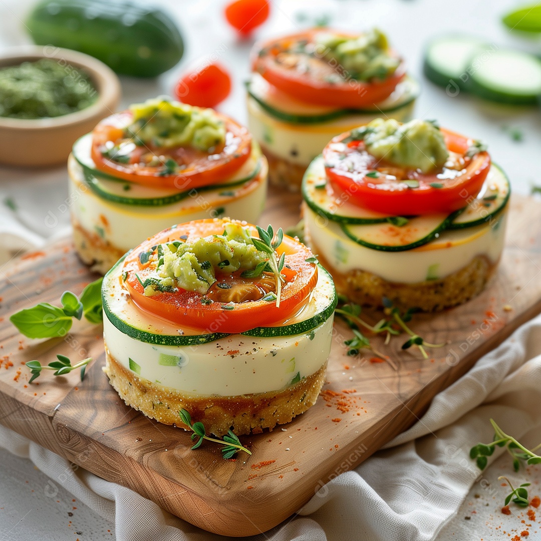 Canapé com pão branco pepino queijo e tomate cereja em uma mesa de madeira