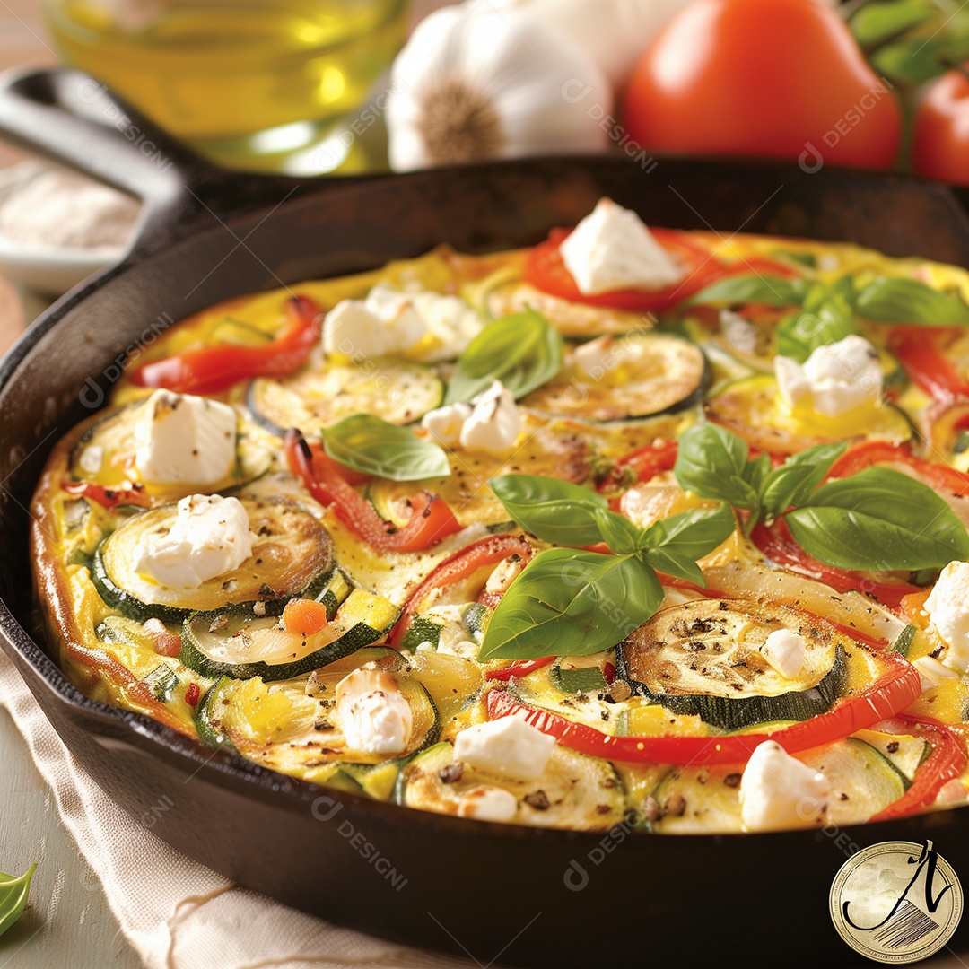 Delícioso omelete com pimentão pepino tomate sobre uma mesa de madeira