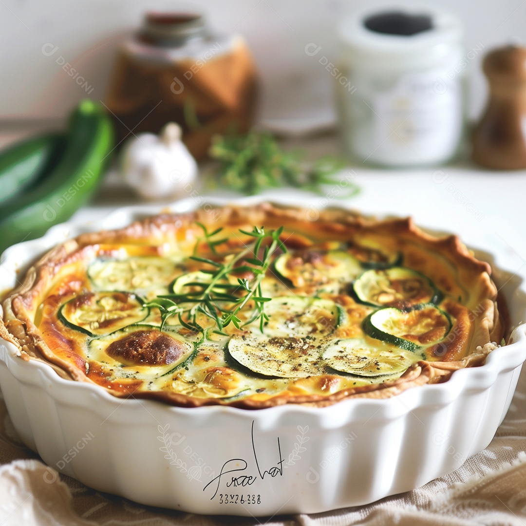 Delíciosa torta de abobrinha com queijo em travessa branca sobre fundo desfocado