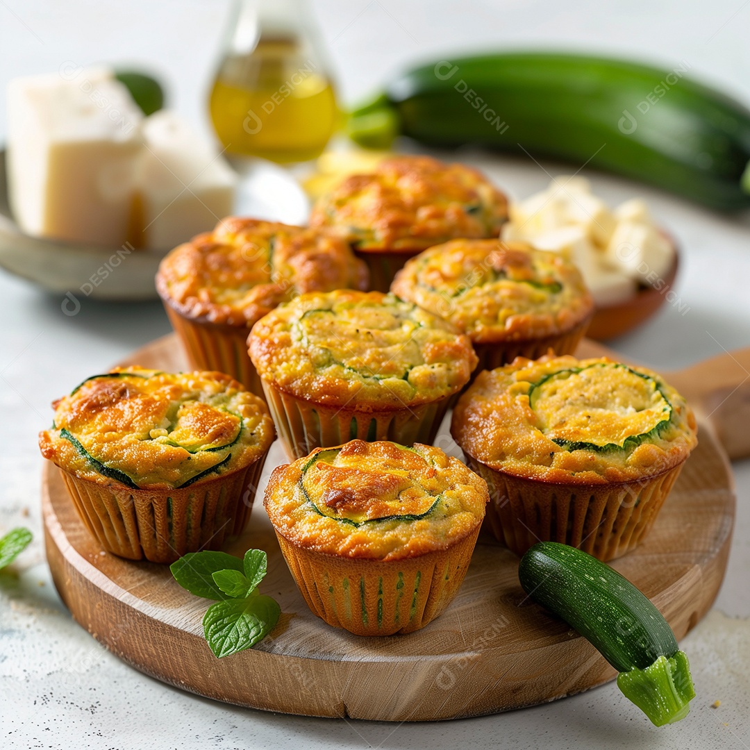 Muffins de abobrinha Lanches saudáveis sobre disco de madeira