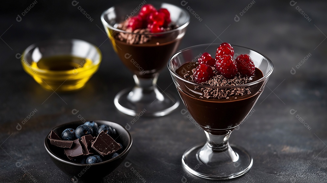 Delícioso mouse de chocolate em taça ao lado de cobertura de caramelo no pote sobre fundo isolado