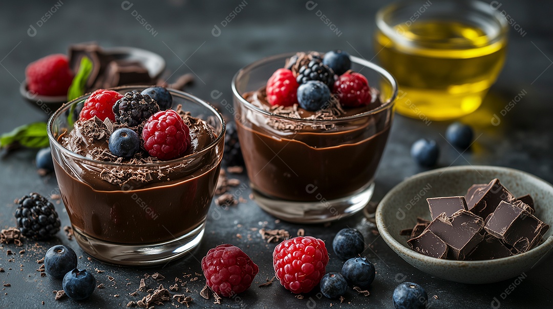 Delícioso mouse de chocolate em taça ao lado de cobertura de caramelo no pote sobre fundo isolado