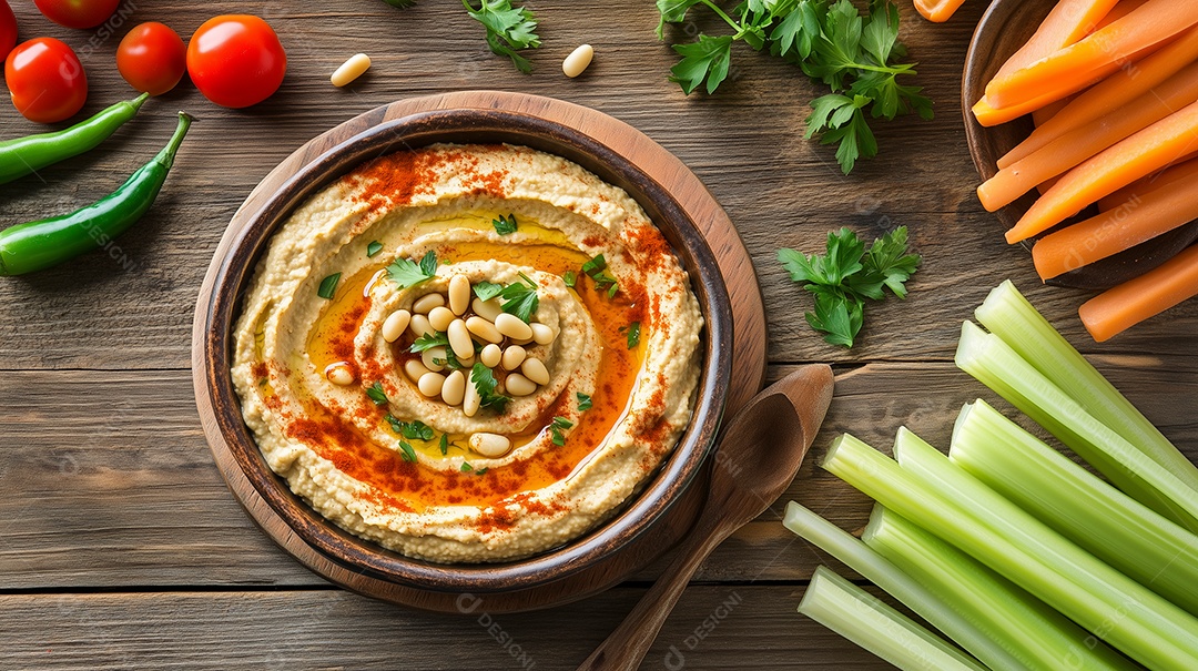 Tigela de homus guarnecido com azeite e colorau sobre mesa de madeira