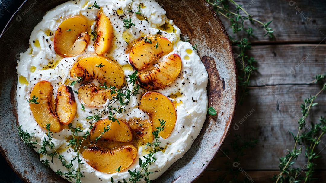 Delícioso queijo coalho com maçã e salsa em frigideira sobre mesa de madeira