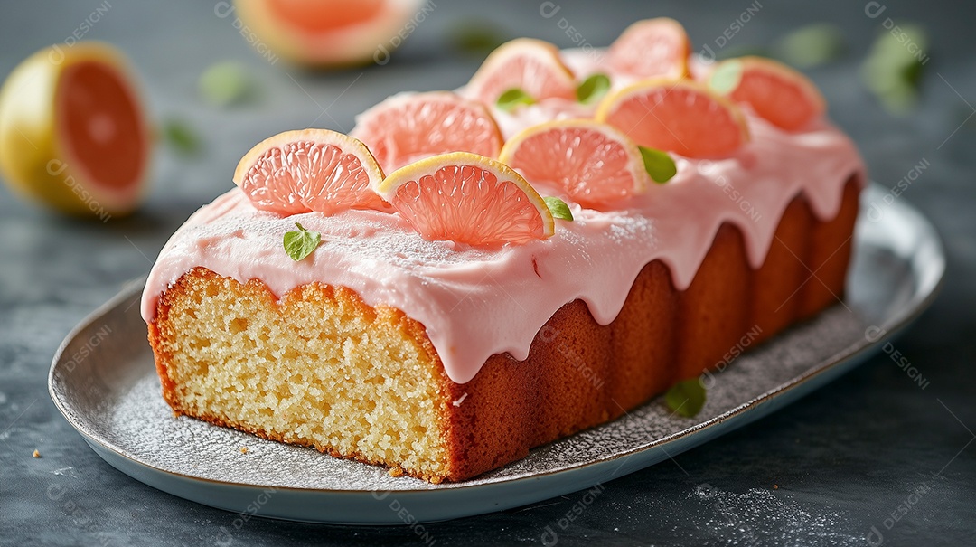 Lindo bolo de laranja com cobertura de morango sobre fundo desfocado