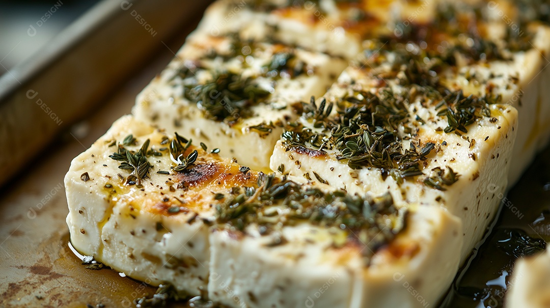Queijo feta assado com tempero e azeite sobre uma travessa