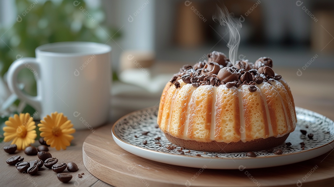 Lindo café da manhã com bolo e caneca sobre mesa de madeira