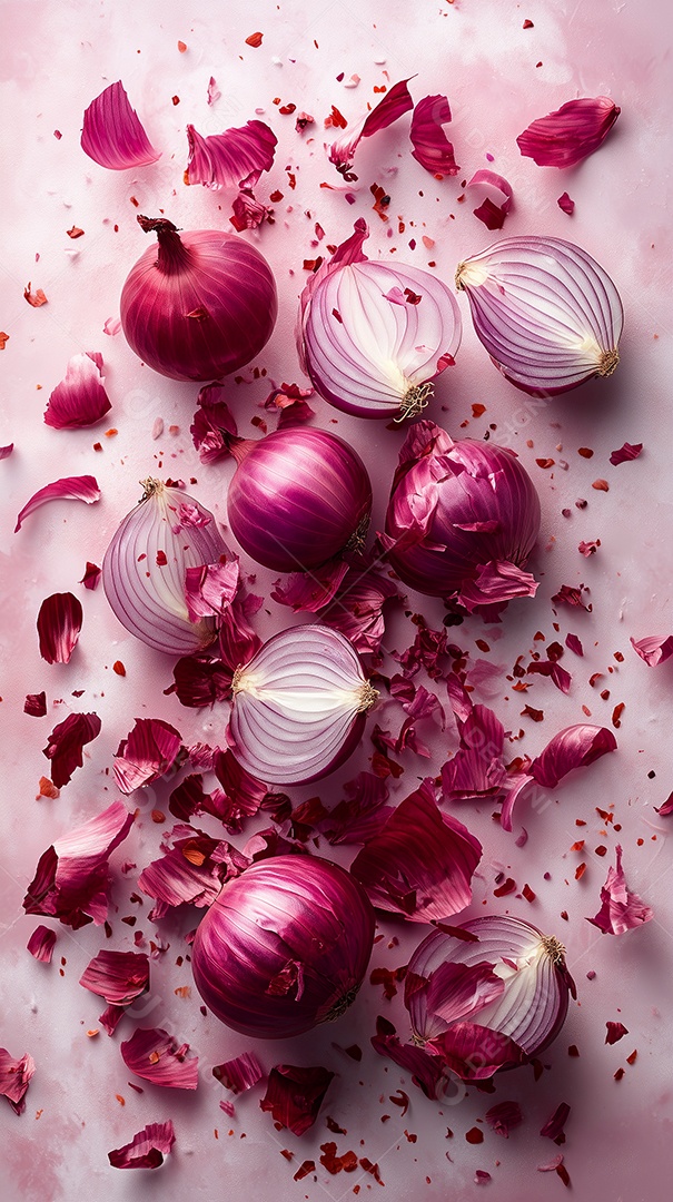 lindas cebolas inteiras e em fatias sobre visão ampla