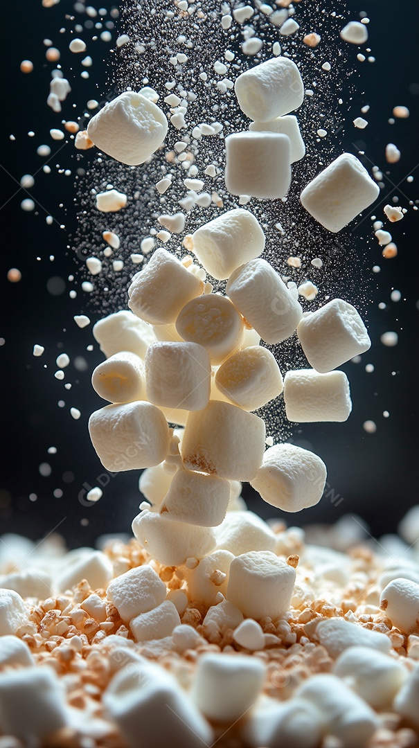 Linda pilha de marshmallows caindo sobre fundo isolado