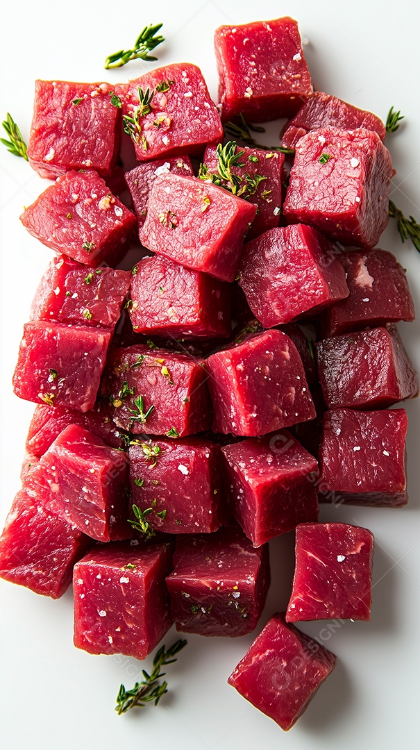 Saborosa carne em cubos temperada sobre fundo branco isolado
