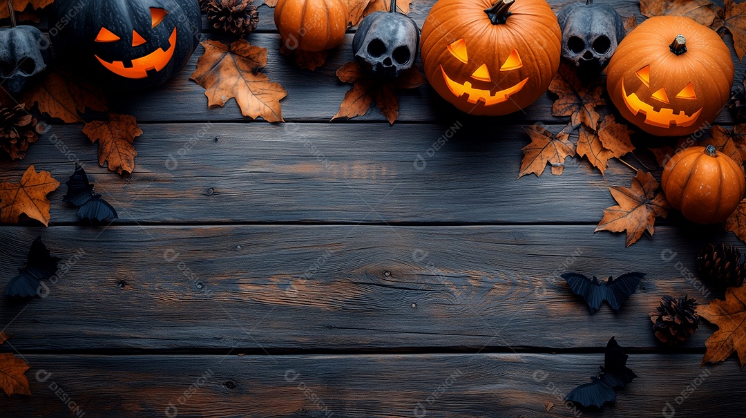 Visão aérea do feliz dia das bruxas quebrando pampkins na mesa de madeira
