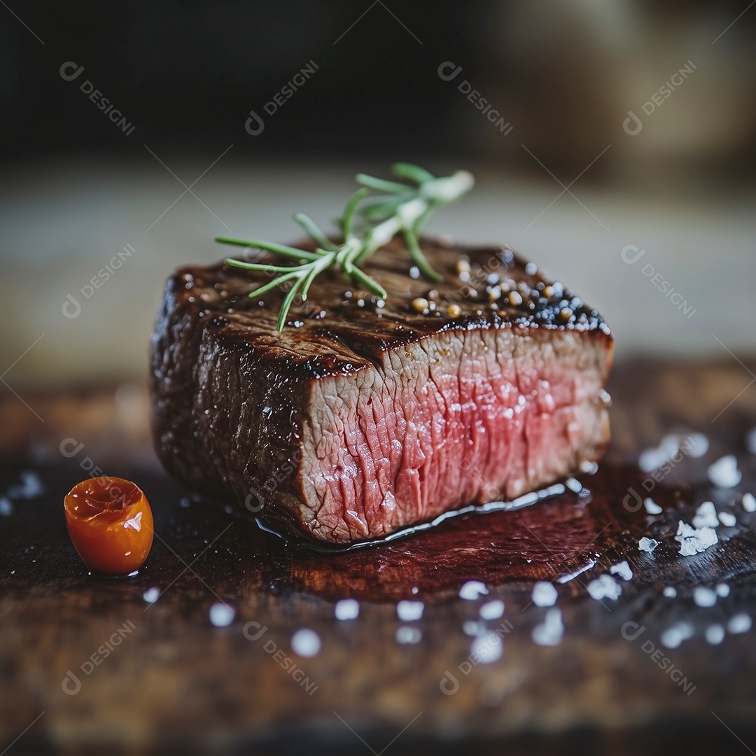 Saboroso cubo de carne assada no ponto sobre tábua de madeira