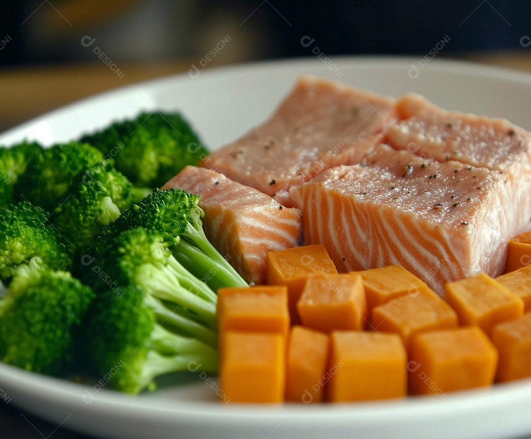 Saboroso filé de atum com legumes sobre fundo desfocado