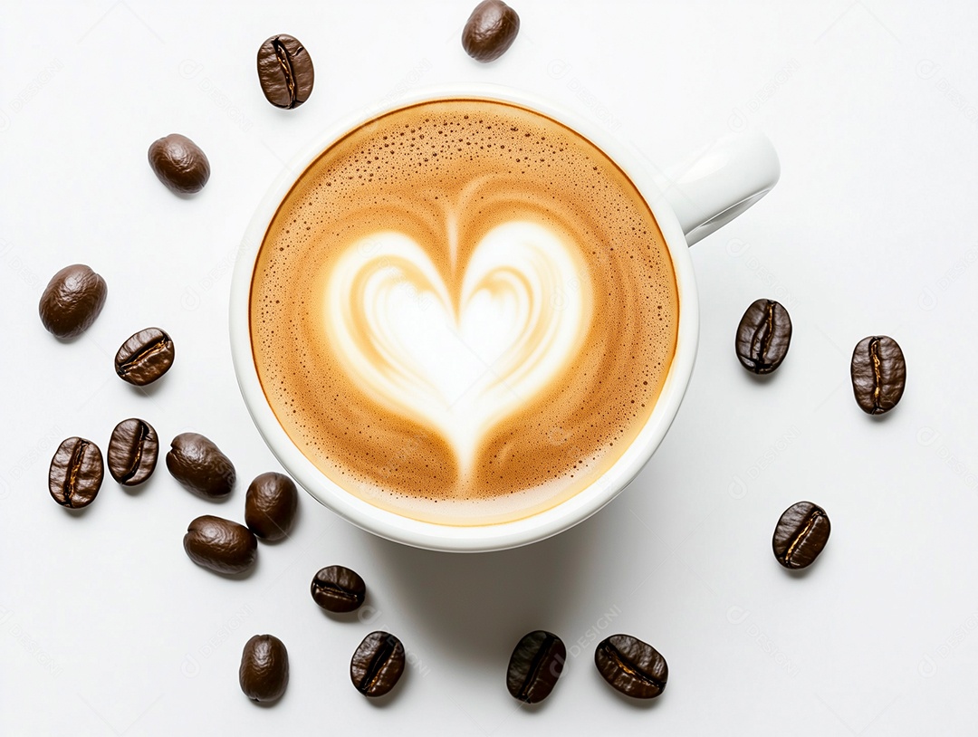 Lindo cappuccino com formato de coração sobre caneca rodeada de grãos de café sobre fundo branco isolado