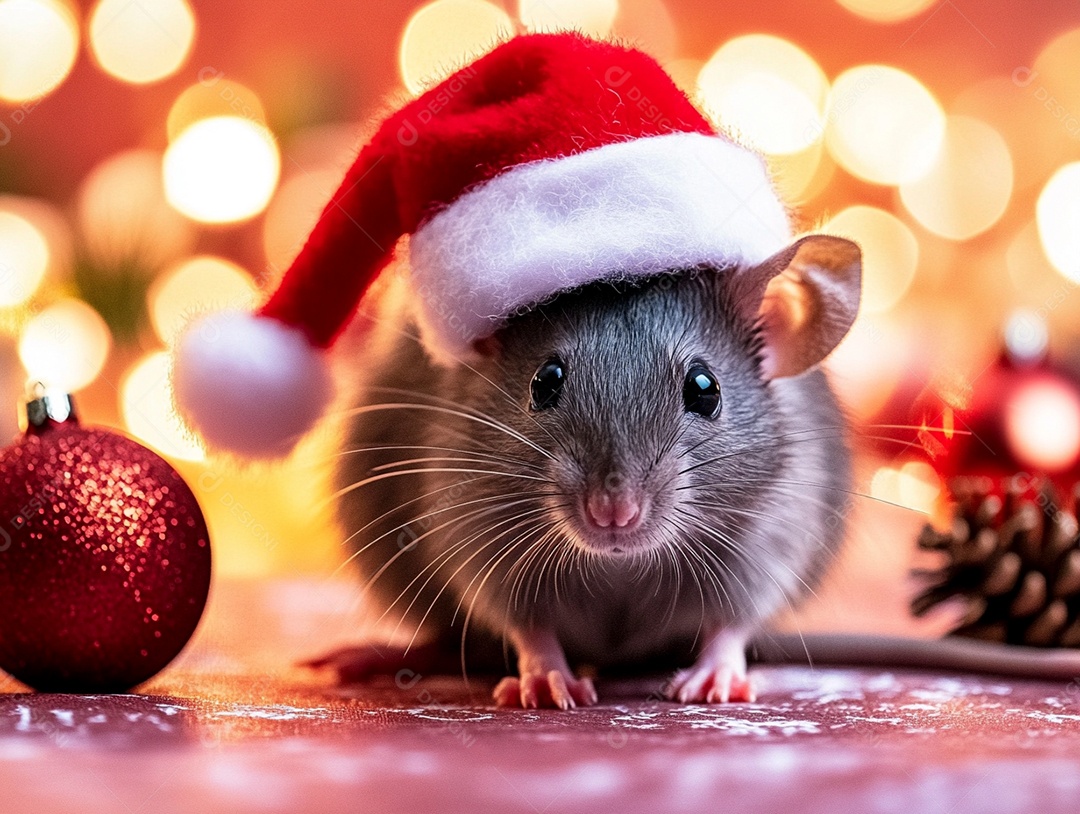 Lindo ratinho com touca do papail noel sobre fundo brilhante isolado