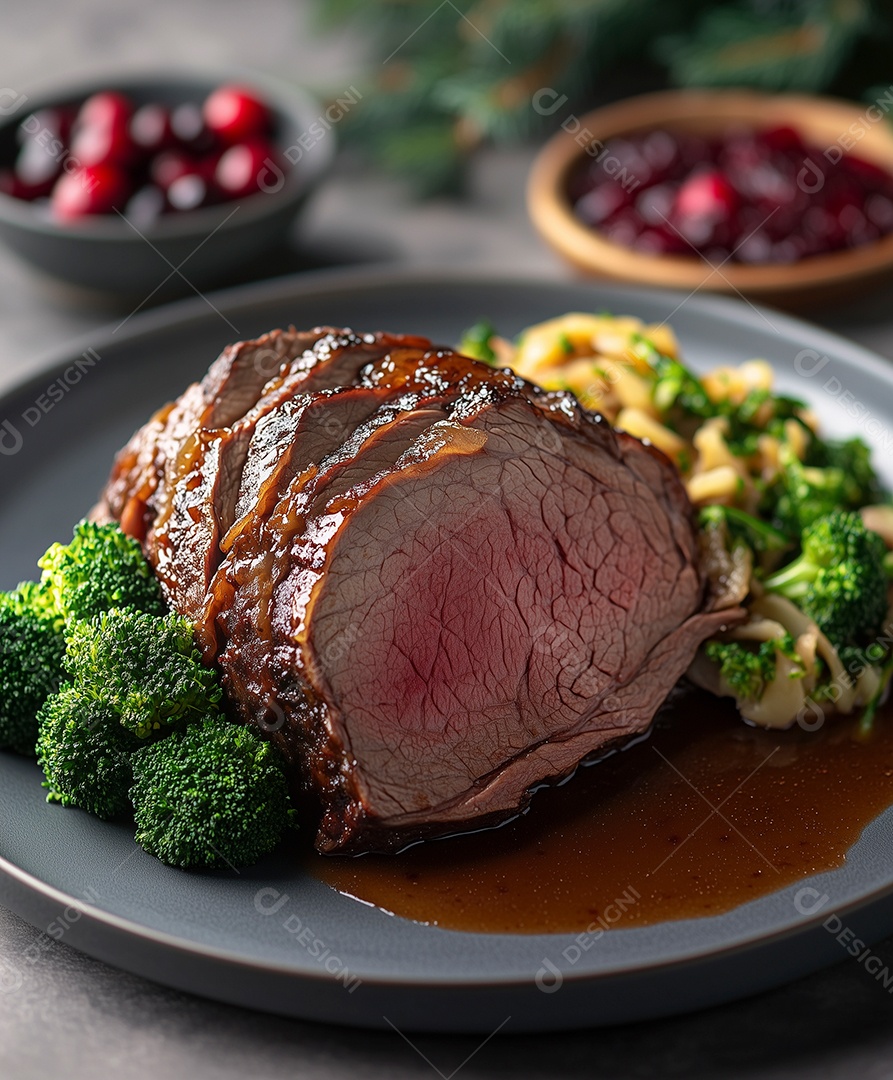 Delícioso filé de carne ao molho com legumes sobre fundo desfocado