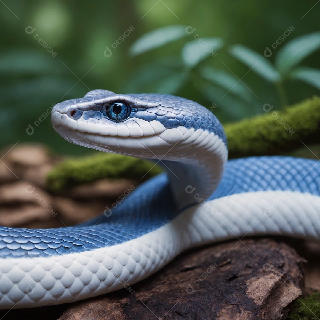 Linda cobra com coloração perfeita branca e azul claro sobre fundo desfocado