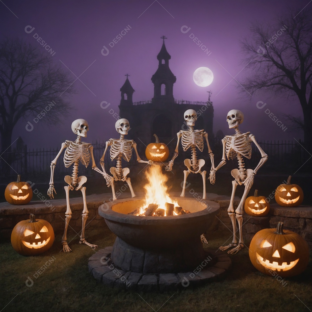 Esqueletos dançando ao redor de fogueira em noite de lua cheia