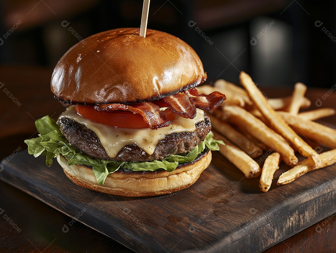 Delícioso hamburguer com batata frita de acompanhamento sobre tábua de madeira