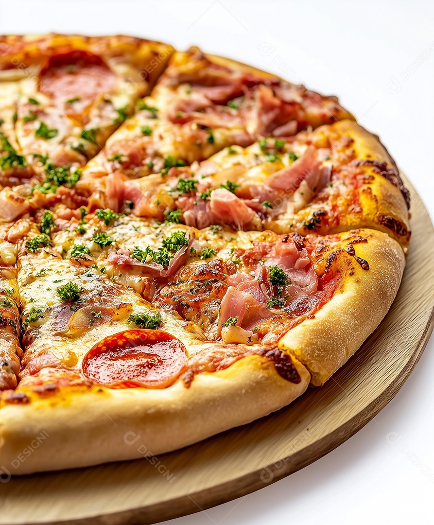 Saborosa pizza de calabresa em tábua redonda sobre fundo branco isolado