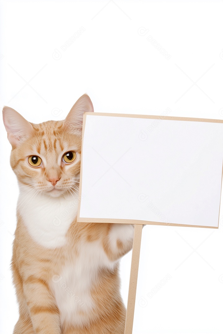 Lindo gatinho da cor caramelo com branco segurando placa em branco sobre fundo branco isolado