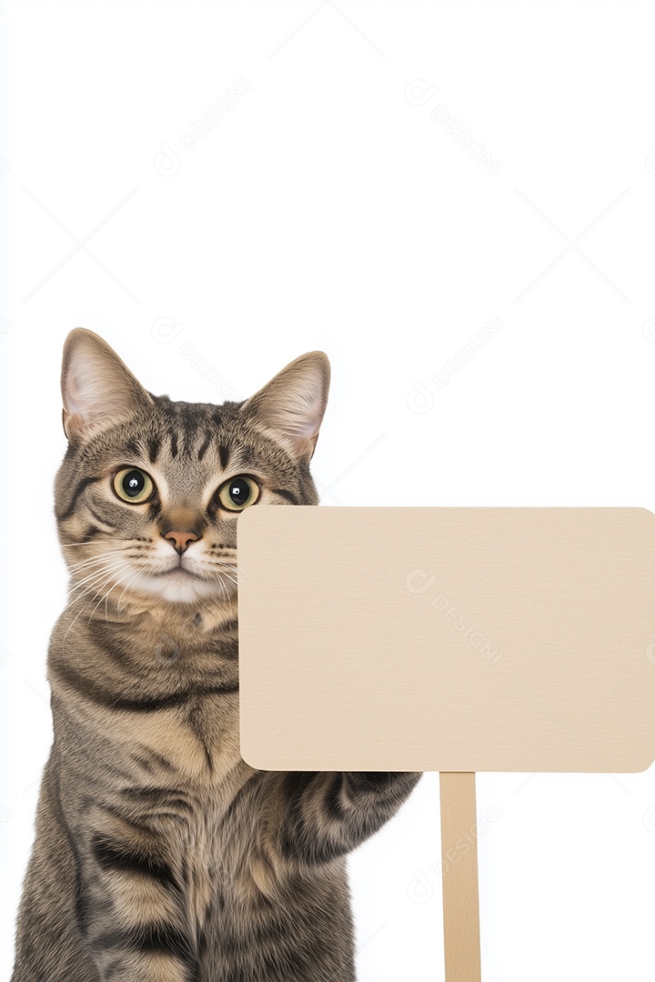 Lindo gatinho segurando placa em branco sobre fundo branco isolado