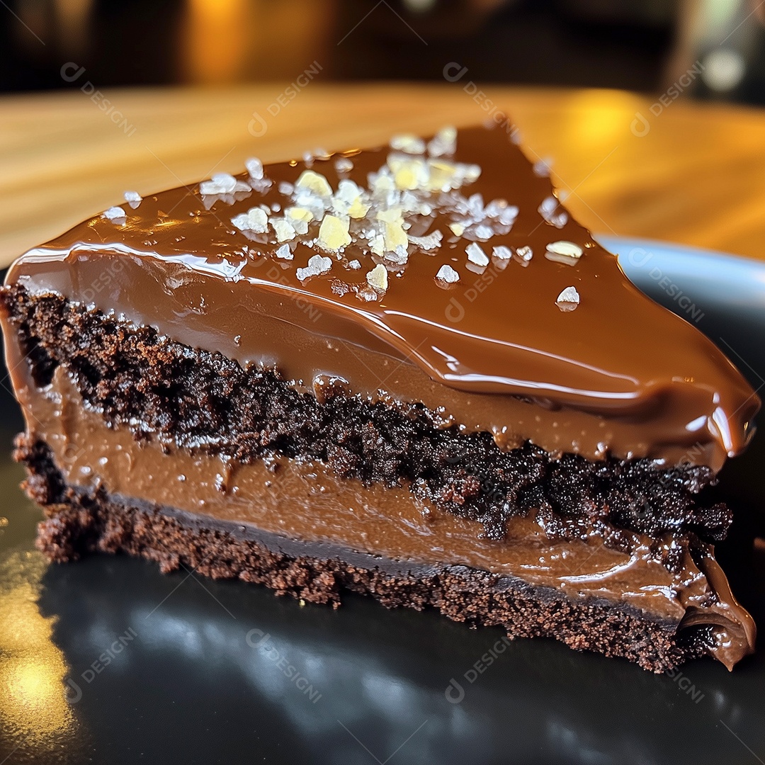 Linda fatia de bolo de chocolate sobre fundo desfocado