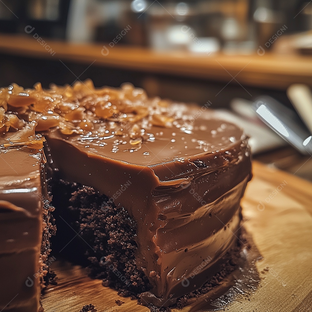 Lindo bolo de chocolate sobre fundo desfocado
