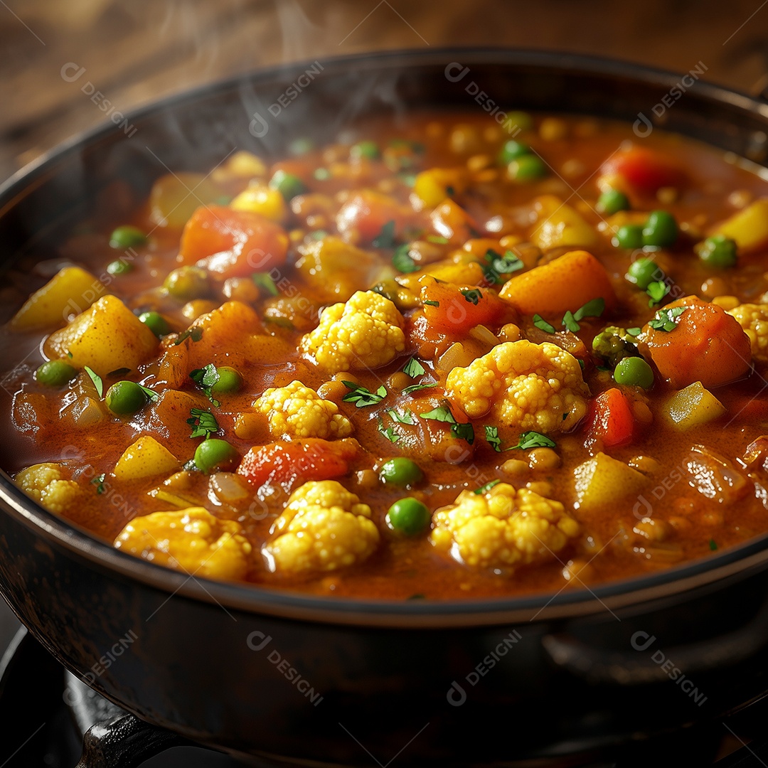 Linda sopa feita em panela de barro com verduras e legumes