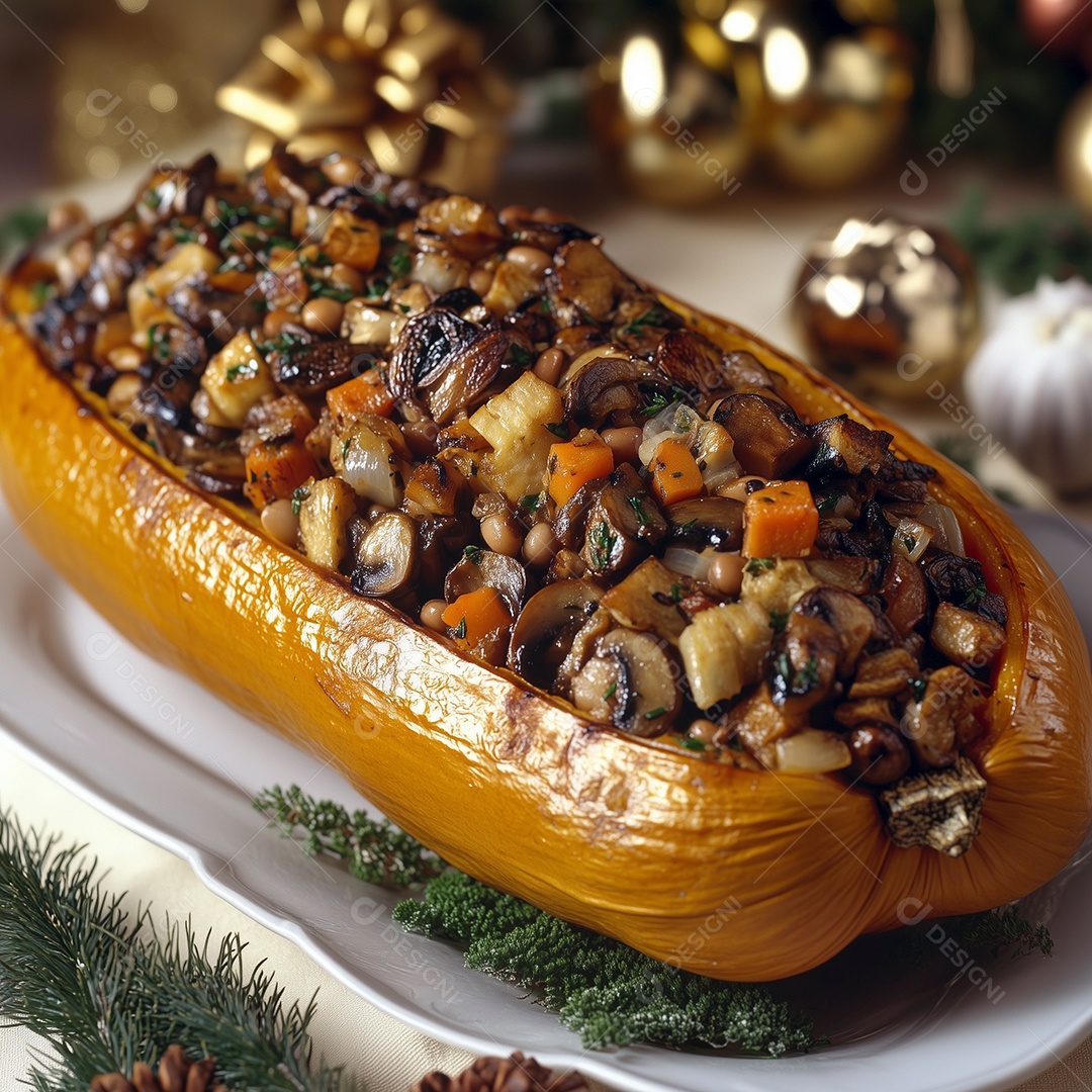 Delíciosa abóbora recheada com carne e legumes sobre travessa branca sobre fundo desfocado