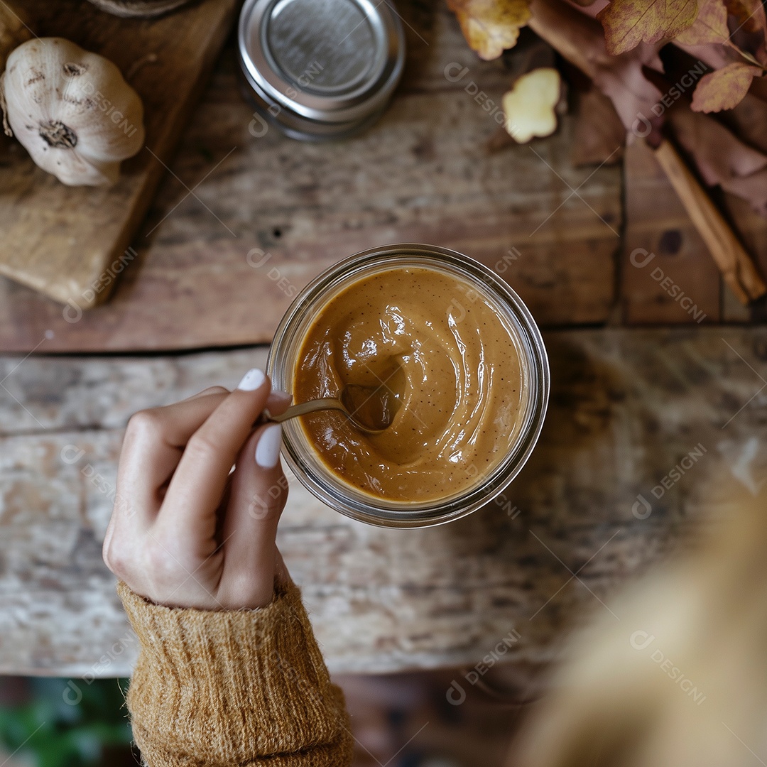 Mão de mulher mechendo em doce de avelã sobre mesa de madeira