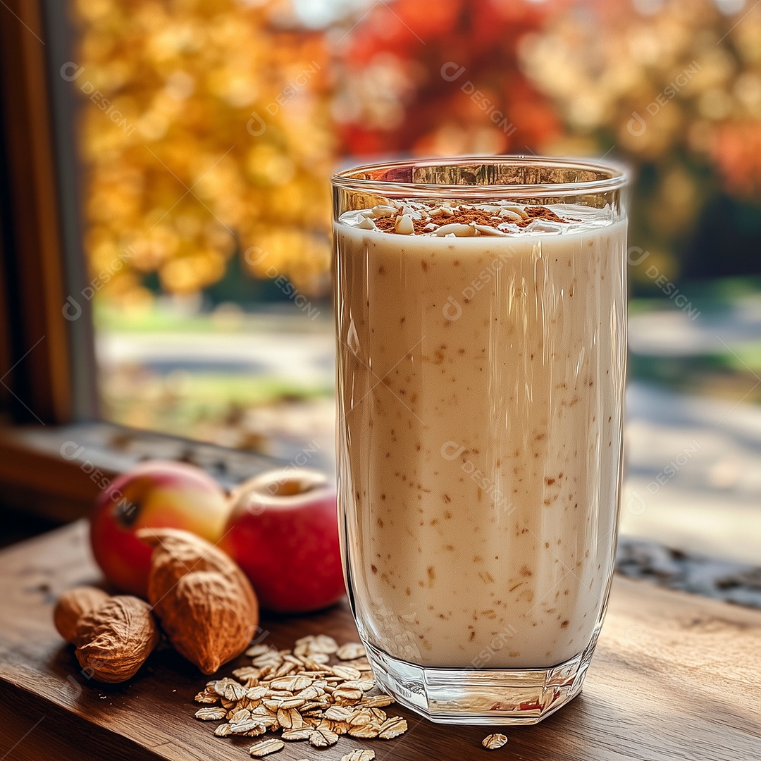 Delíciosa vitamina de maçã com aveia sobre fundo janela desfocada